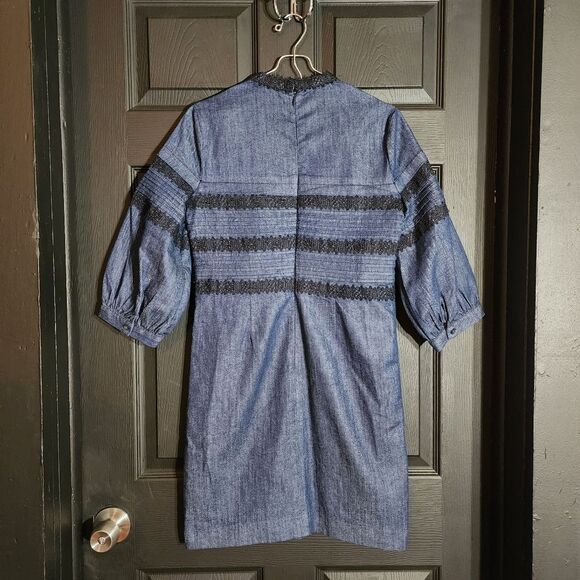 Banana Republic Puff Sleeve Pintuck & Lace Shift Dress in Rinse Preppy Work - Picture 10 of 13